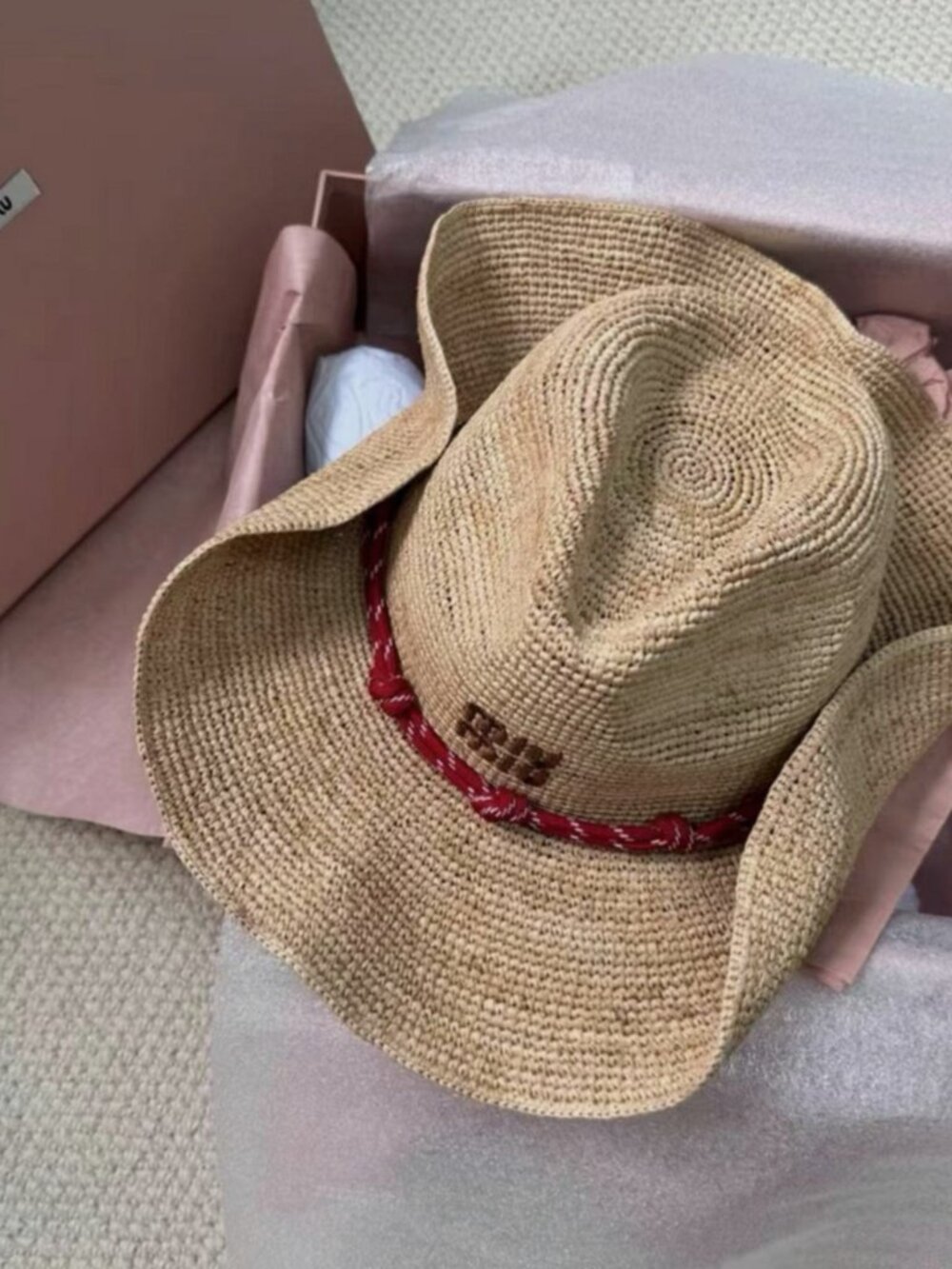 Miu Miu Woven Straw Red Rope Band Western Hat - Picture 2 of 7